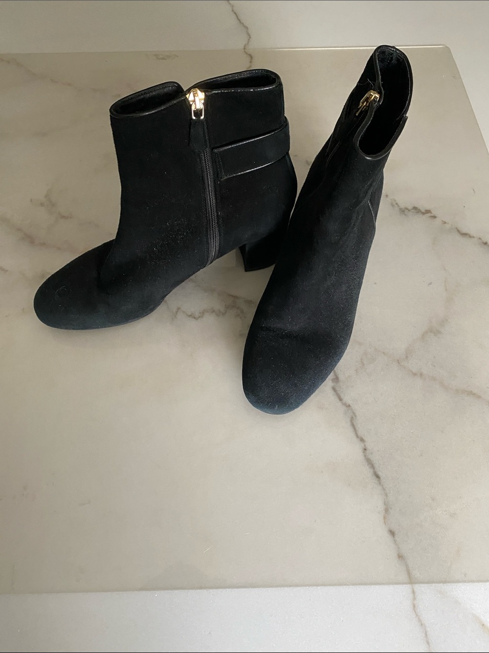 LK Bennett Black Suede Ankle Booties with Gold Zip